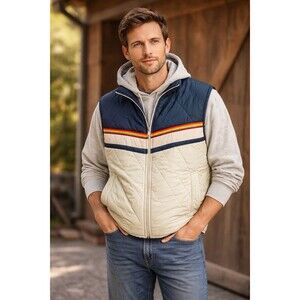 Vtg Pacific Trail Puffer Vest Medium Blue Rainbow Stripe Ski Surf Western 80’s